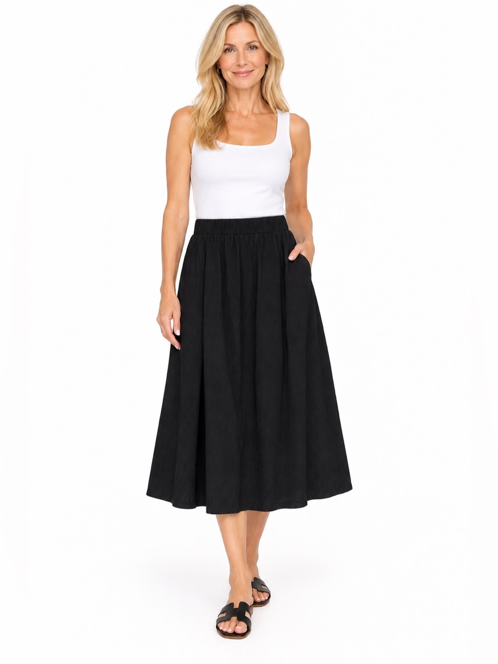 Eileen Fisher Black Organic Cotton Pucker Lantern Midi Skirt Size XXS NWT